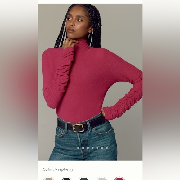 NWT new XL Anthropologie ruched sleeve turtleneck top raspberry pink stretchy - Picture 1 of 17